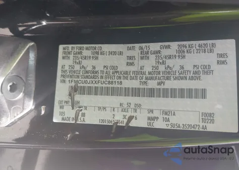 2015 Ford Escape Titanium z USA, uszkodzony, nr VIN 1FMCU0JXXFUC88118